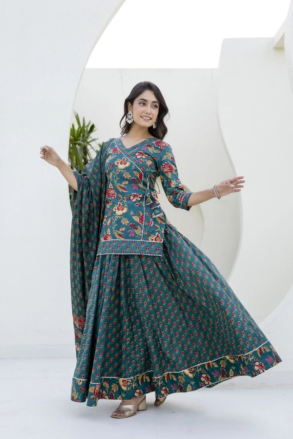 Floral Printed Women’s Kurti Skirt Dupatta Set Indian Desigenr Ethnic Kurta Set