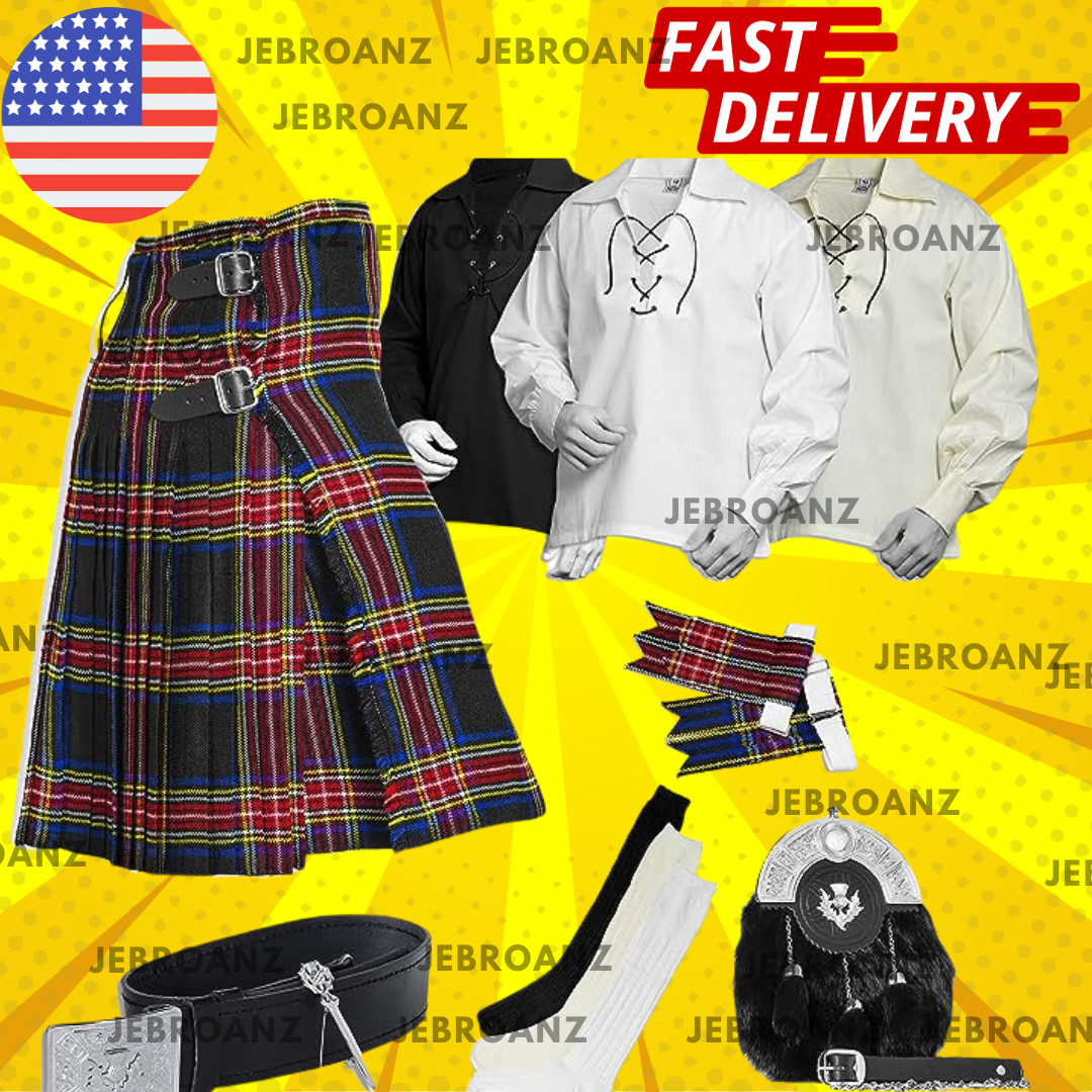 Hunting Stewart Tartan Kilt Set – 08 Pieces Kilt Accessories -Scottish Outfit