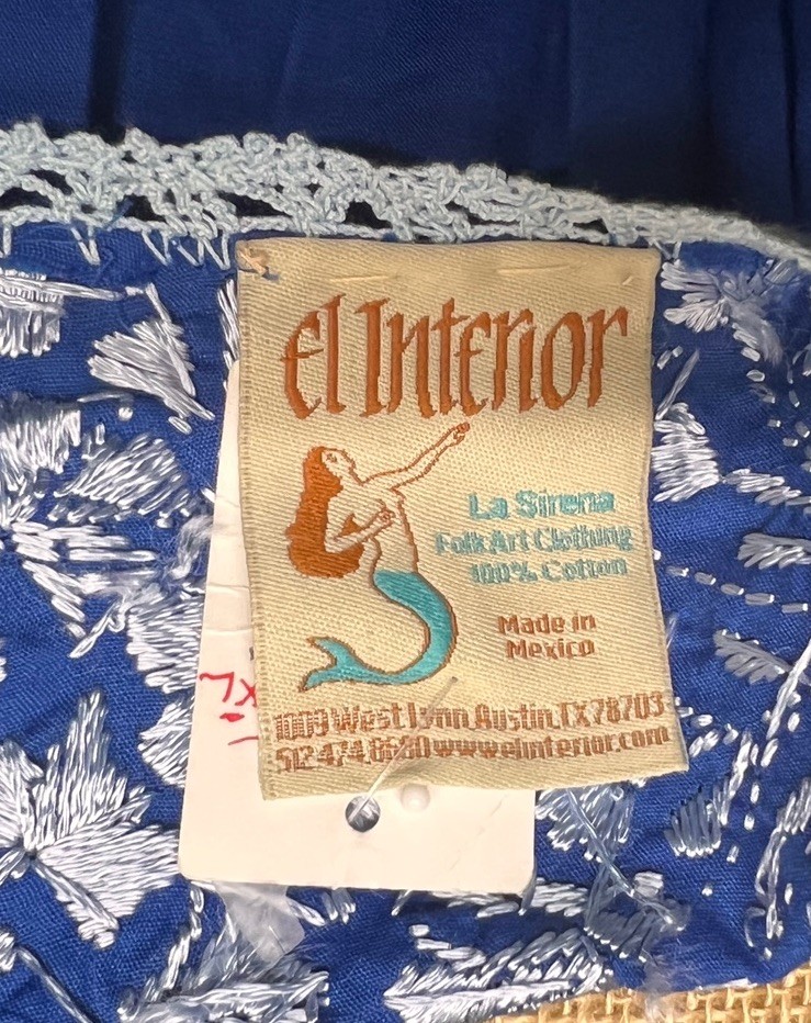 BEAUTIFUL El INTERIOR MEXICAN OAXACA BLUE & SILVER SILK EMBROIDERY TUNIC XL