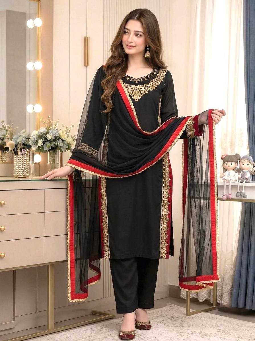 Pure Mul Chandheri Black Top Palazzo With Dupatta For Functional Wear