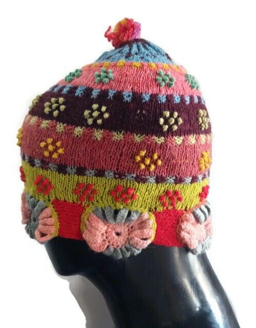 Set of Chullo with Multicolor Wool Gloves Hand Knitted Winter Warm