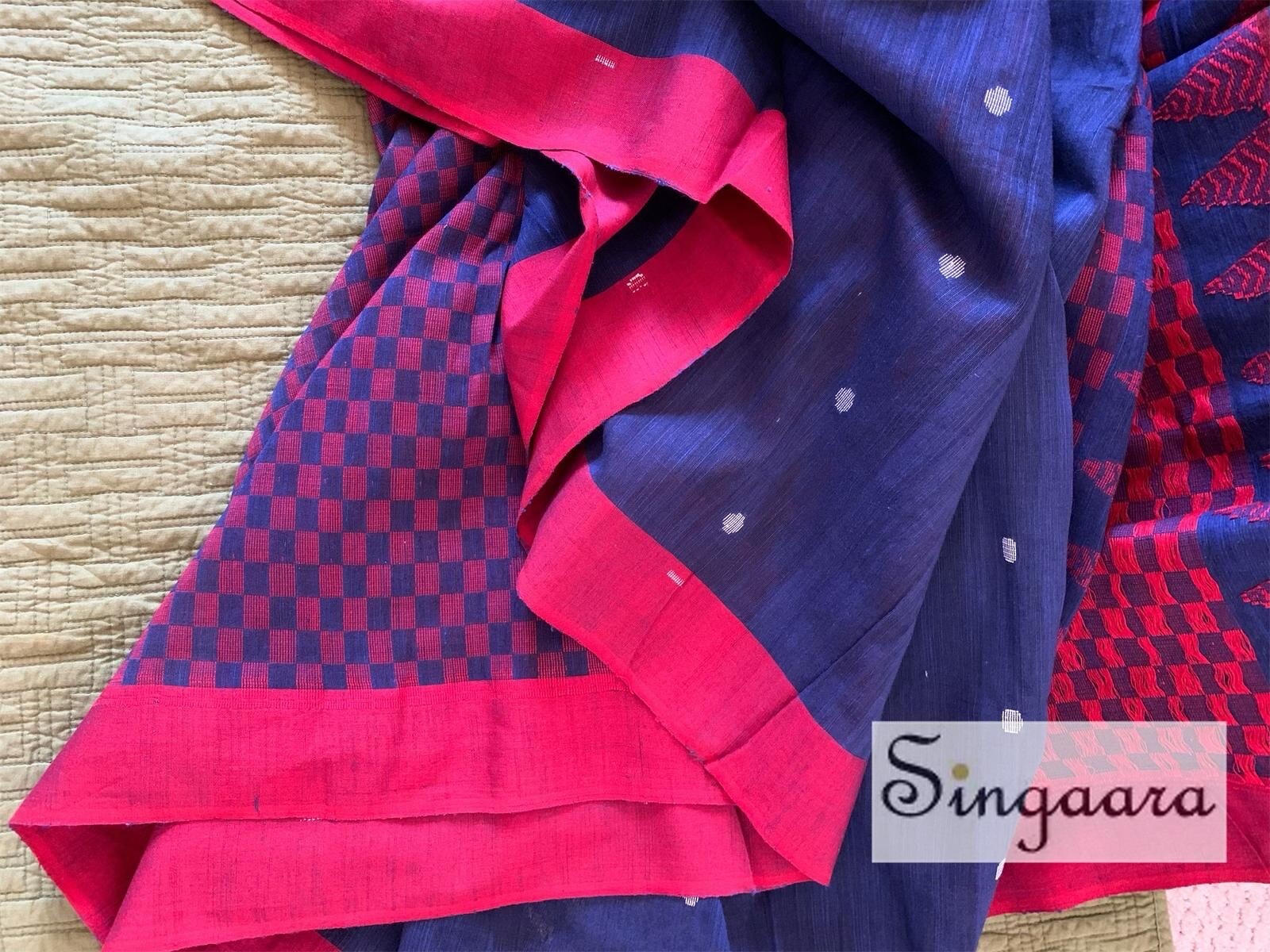 Unique pure khadi cotton White and navy blue half and half saree casual wear
