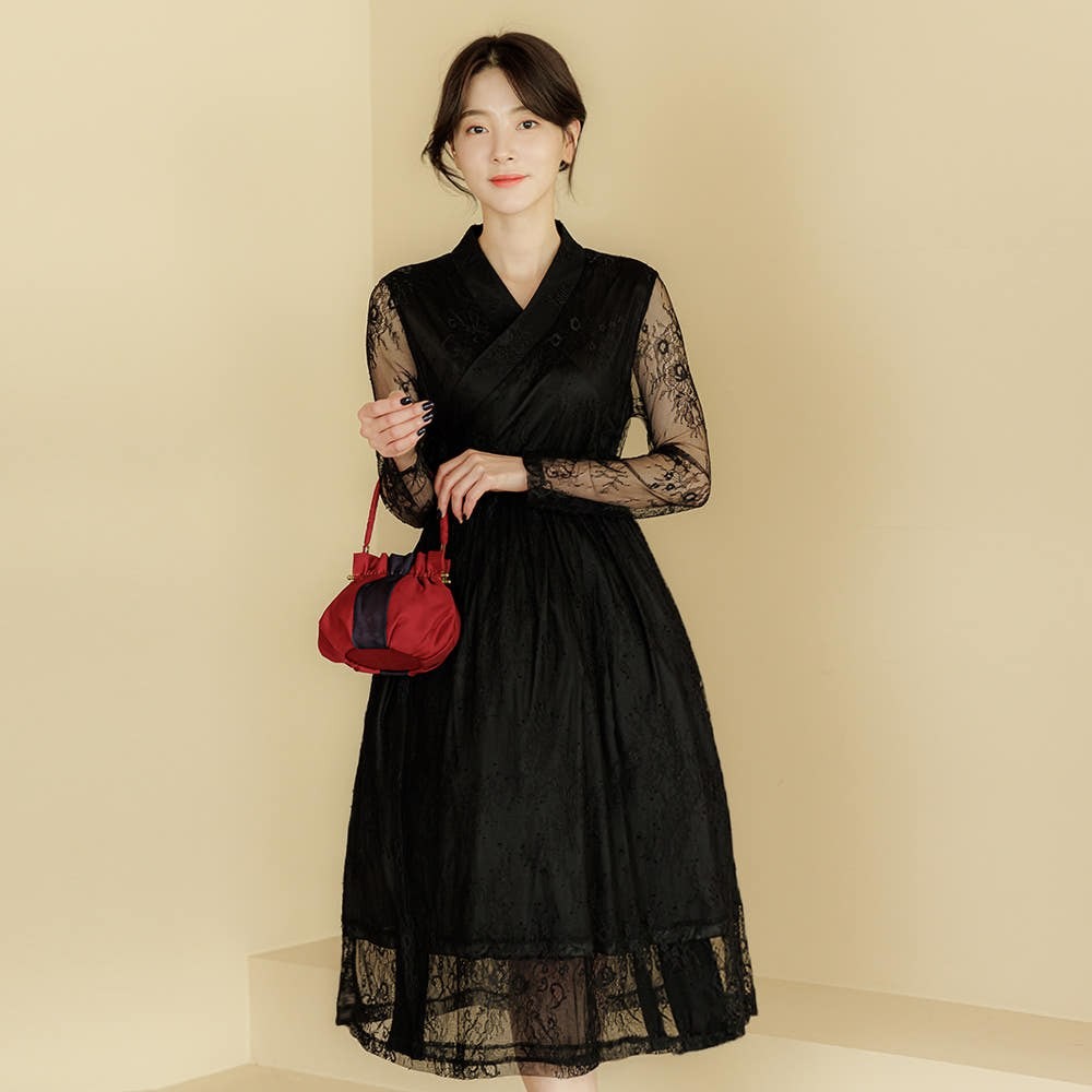 Fusion Hanbok Cheollik Wrap Dress Black Sheer Lace Midi A-Line Plus Size
