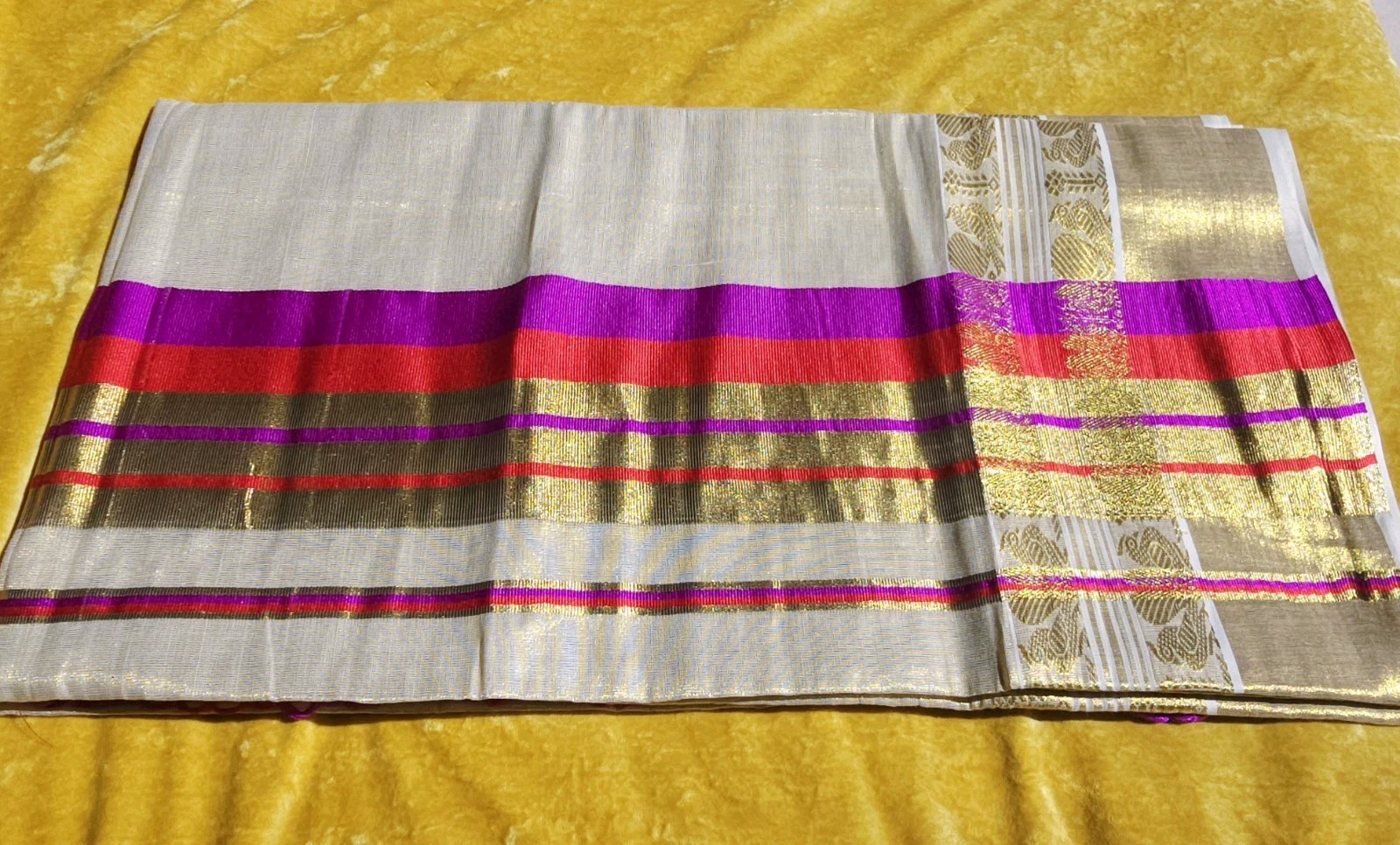 KERALA SAREE Premium quality Tissue saree with Red,Purple and Golden border.