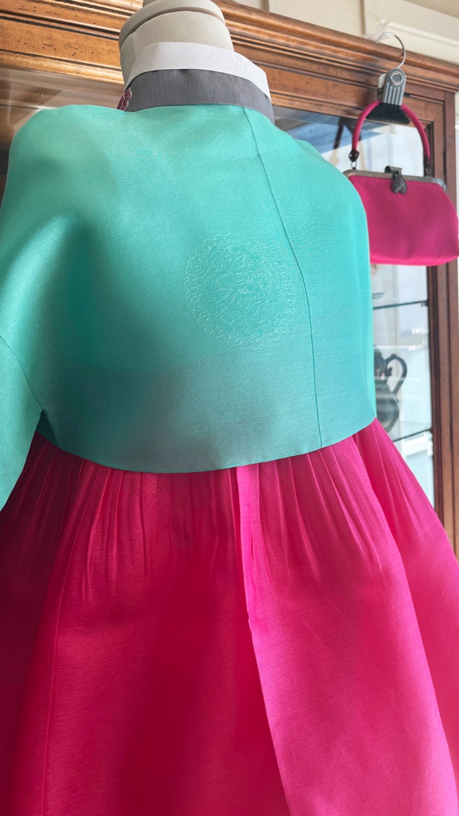Korean Traditional Dress Silk Hanbok Set-Mint & Pink / Petticoat & Hanbok Bag