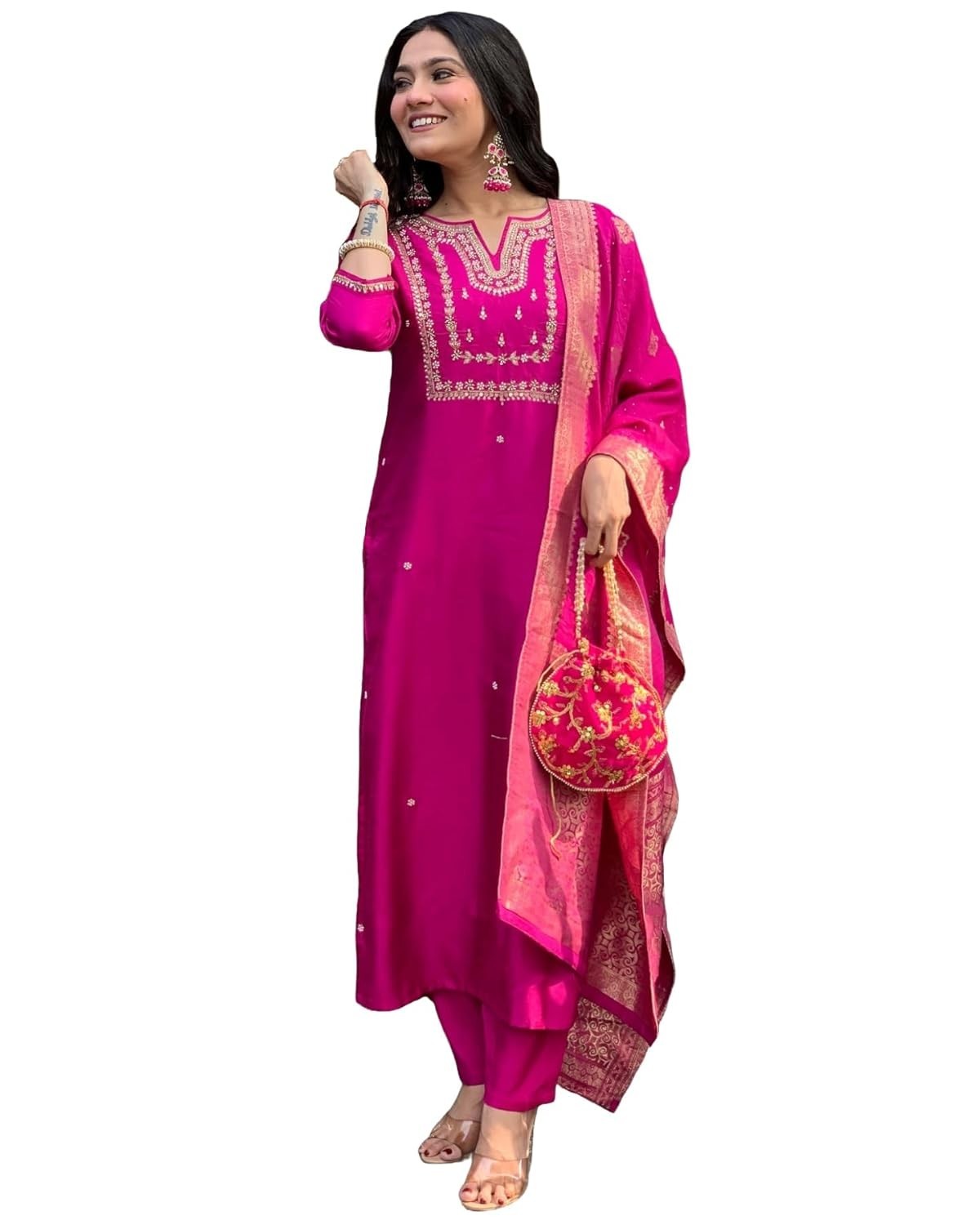 Women’s Silk Blend Straight Embroidered Kurta with Pant & Dupatta