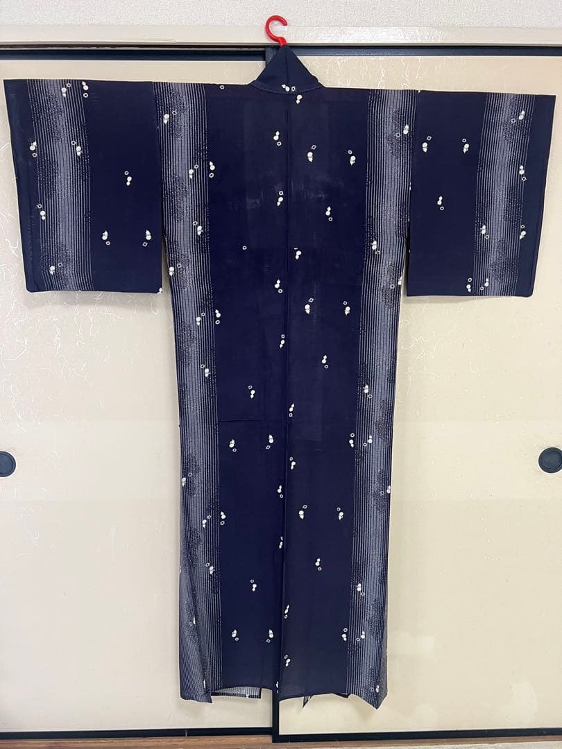 Kimono Silk Small Mon Pattern Navy White Gourds Vintage Japanese Classic