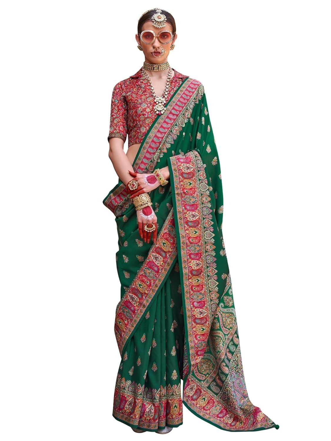 Women’s Silk Blend Ethnic Motif Printed Saree With Unstitched Blouse