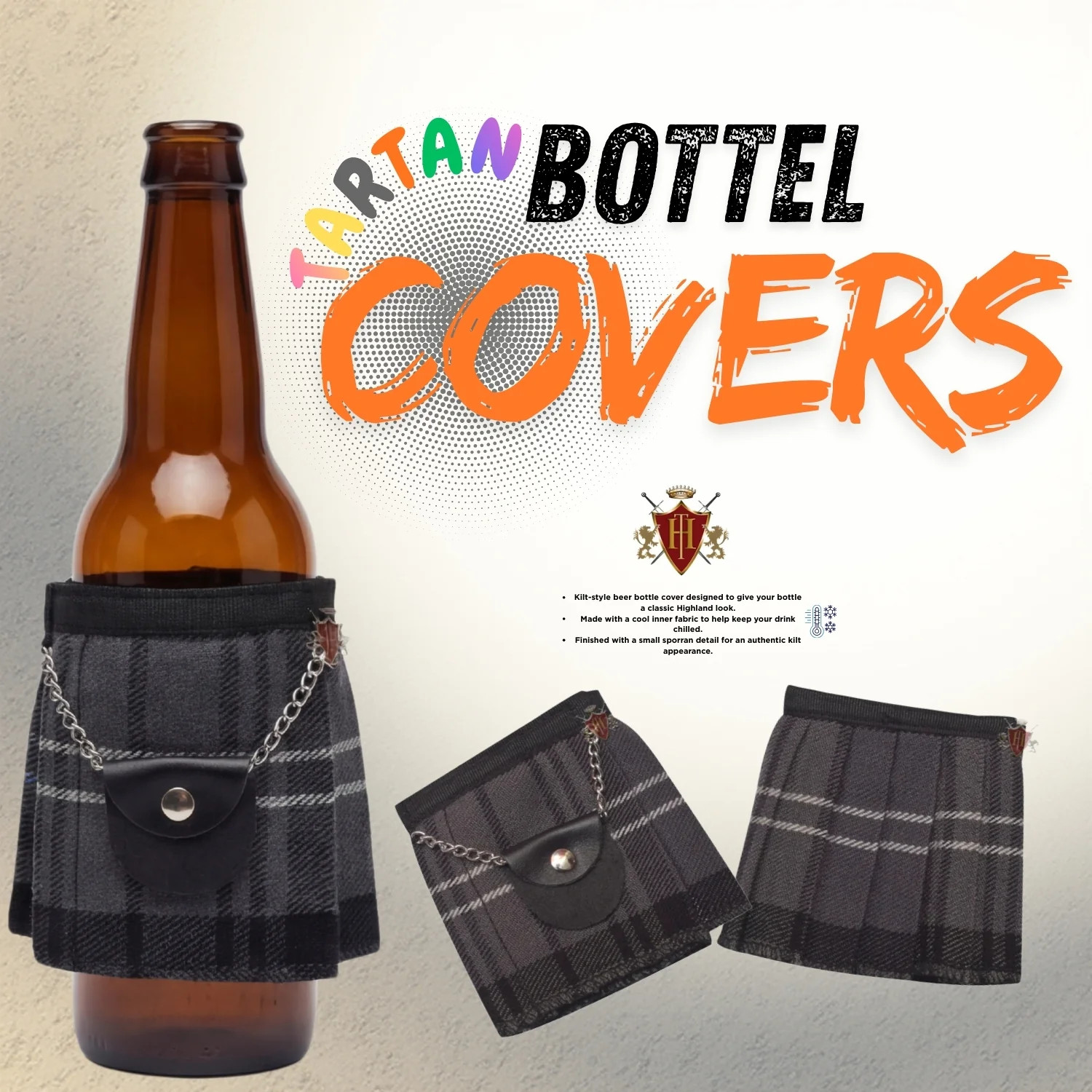 Hamilton Grey Kilt Beer Bottle Cover Koozie with Mini Sporran Design