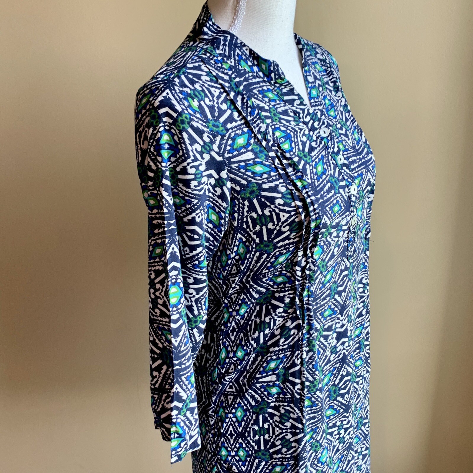 AVAASA Womens Tunic Blue Navy Print Kurta Indian Dress 3/4 Sleeve XS NEW