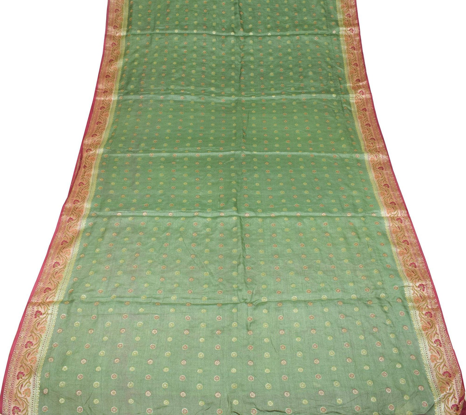 Sushila Vintage Green Floral Saree Pure Tussar Silk Woven Sari Craft Fabric