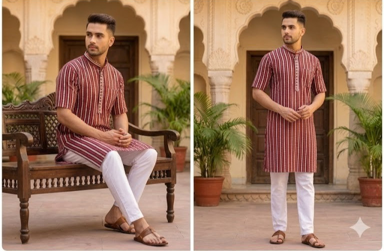 Men Kurta Casual Indian Half Sleeve Collarless Bollywood Shirt 100% Cotton