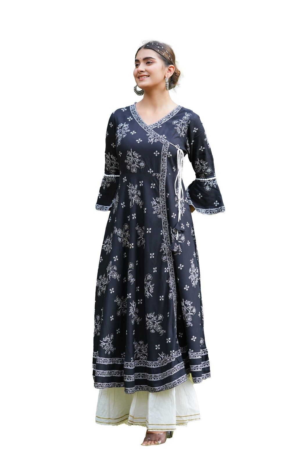 Yash Gallery Women’s Rayon Floral Printed Anarkali Black Kurti