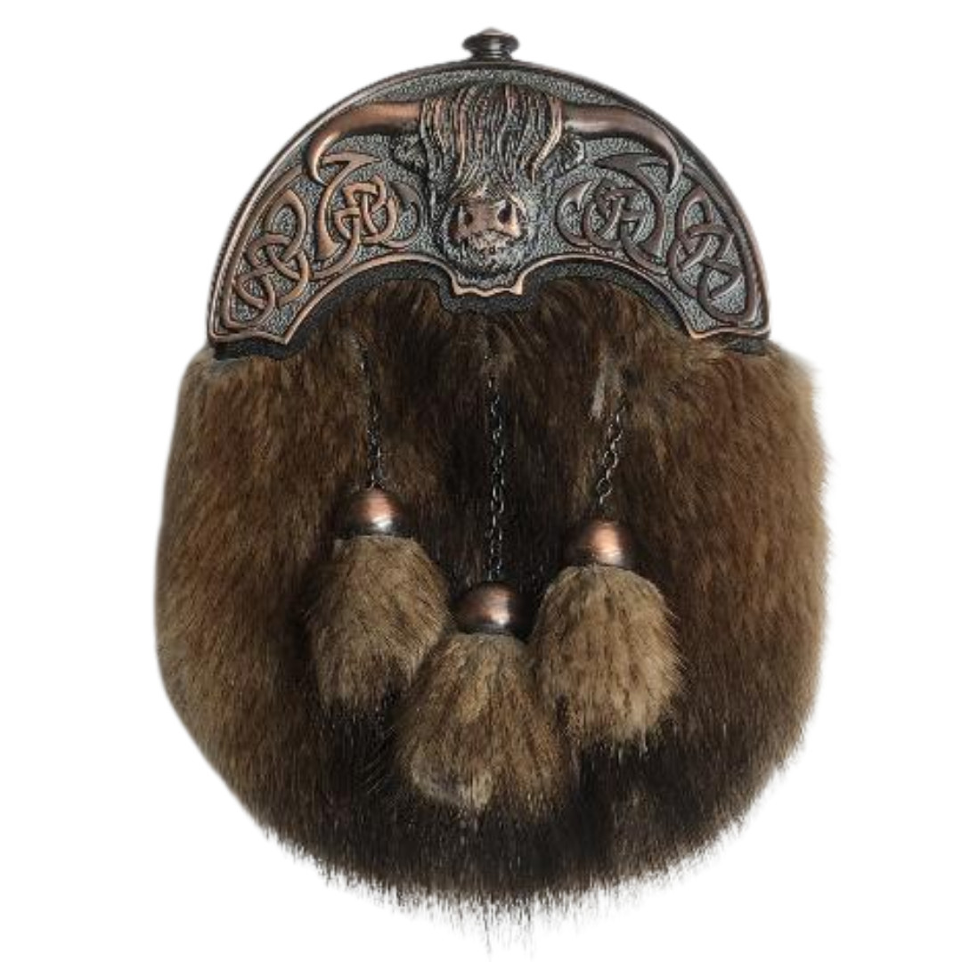 Handmade Full Dress Rabbit Fur Sporran – Highland Cow Head Design Cantle