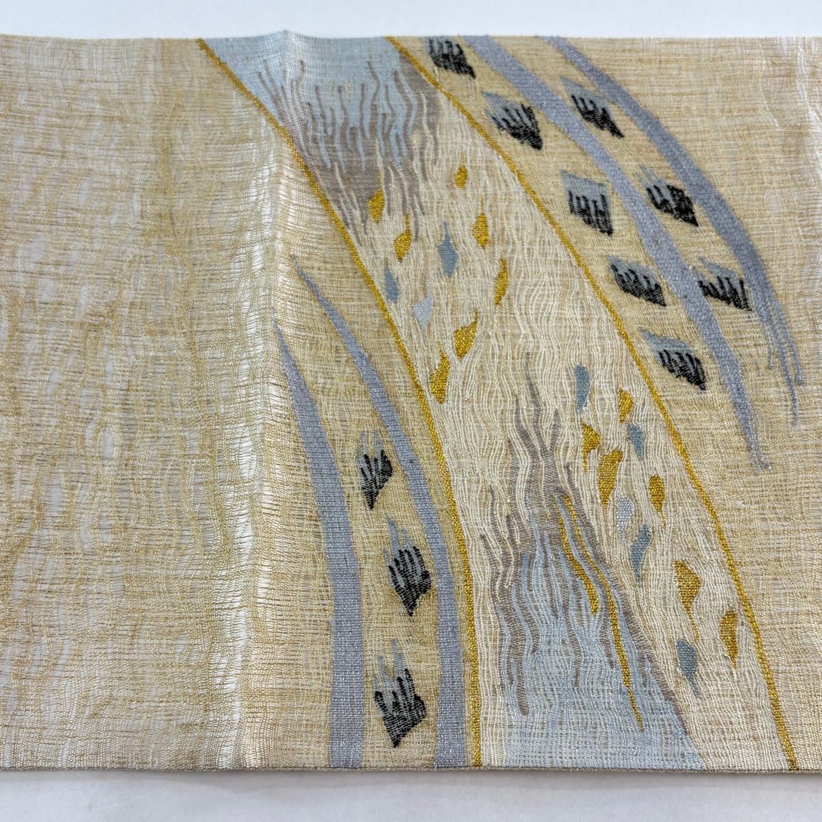 Fukuro Obi Otaiko Pattern Geometric Gold Silver Thread Wave Beige Silk 444cm