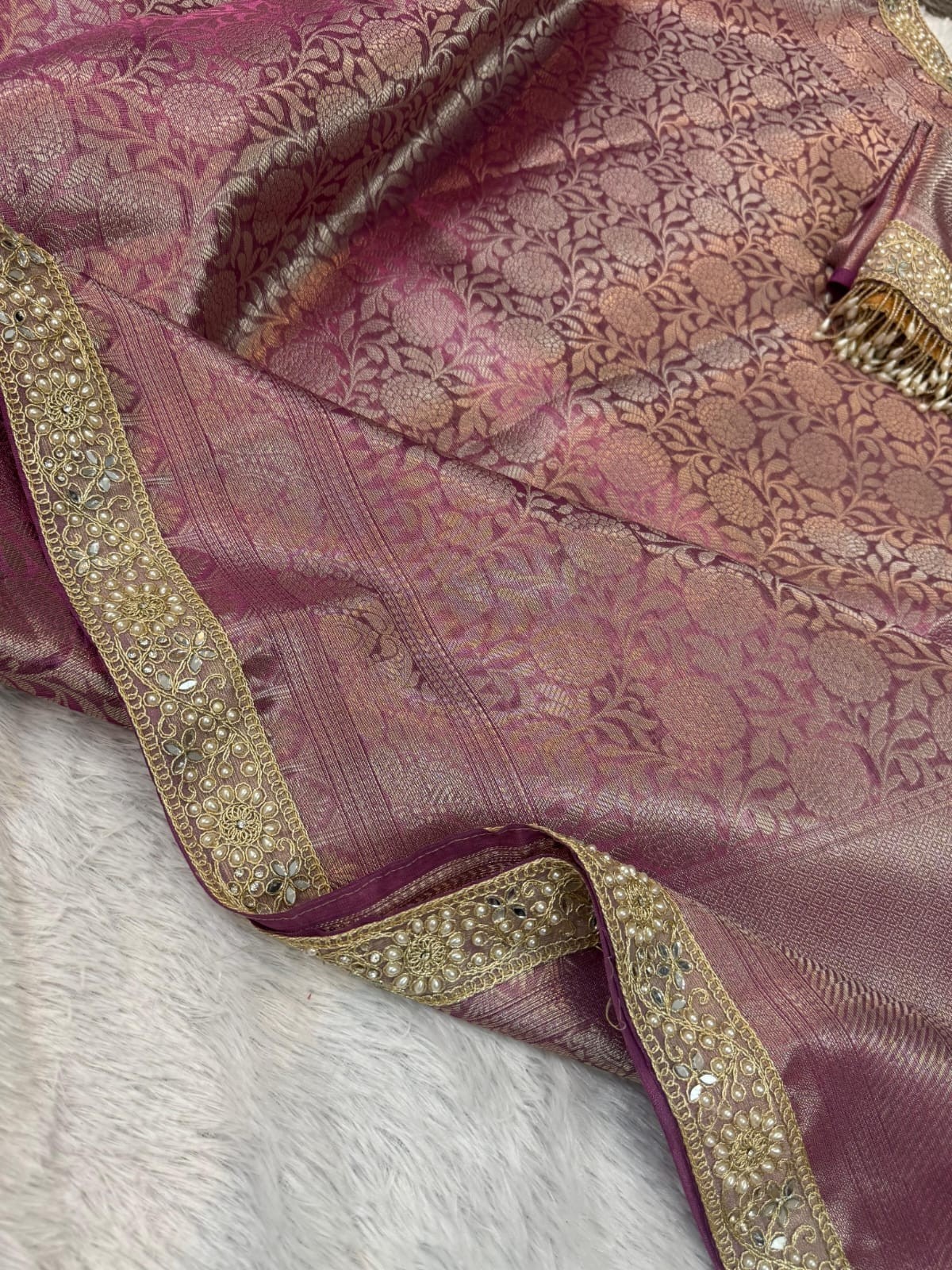 Banarasi Soft Tissue Silk Saree Designer Lace Border Indian Wedding Party Sari