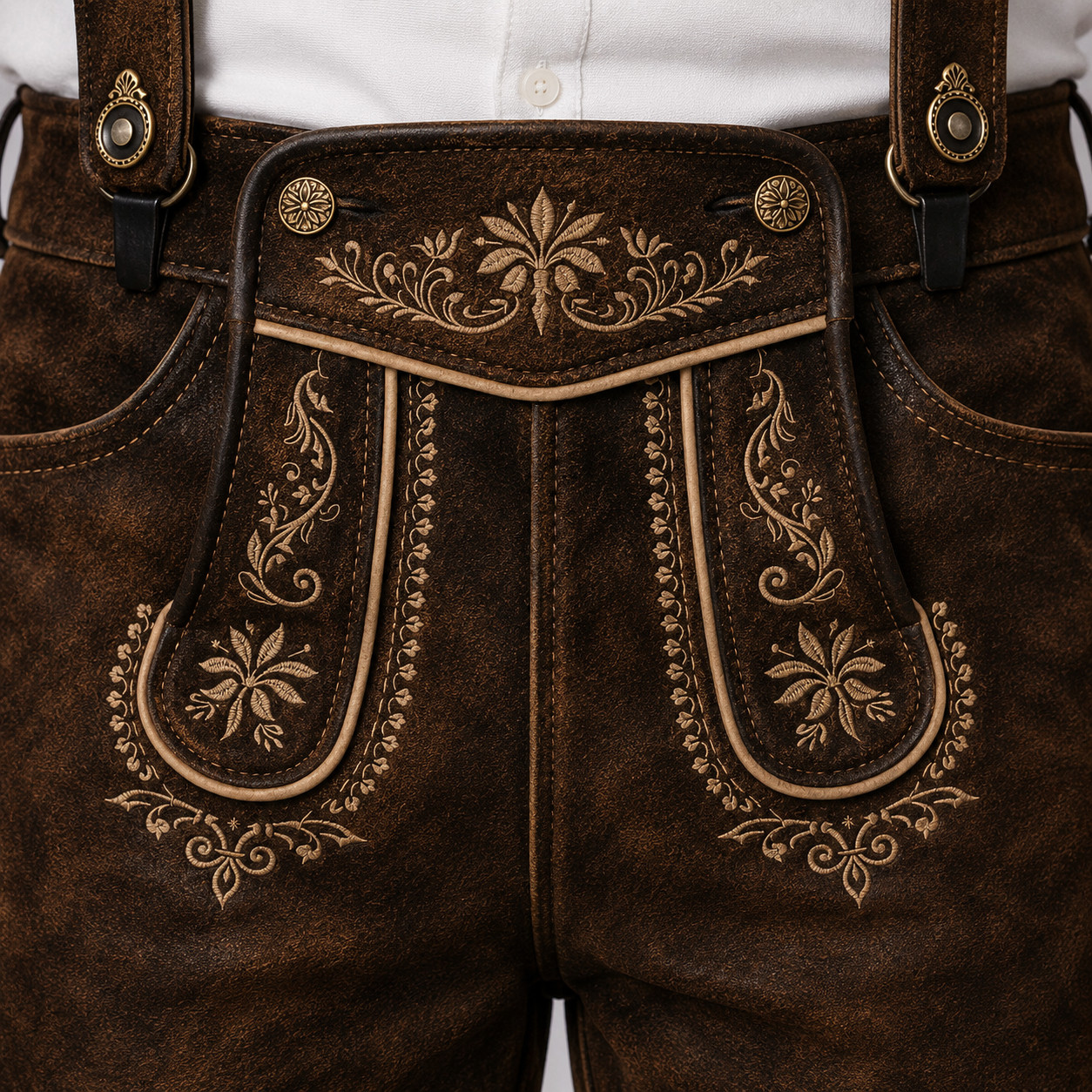 Mens German Lederhosen Brown Suede Leather Embroidered Oktoberfest Shorts