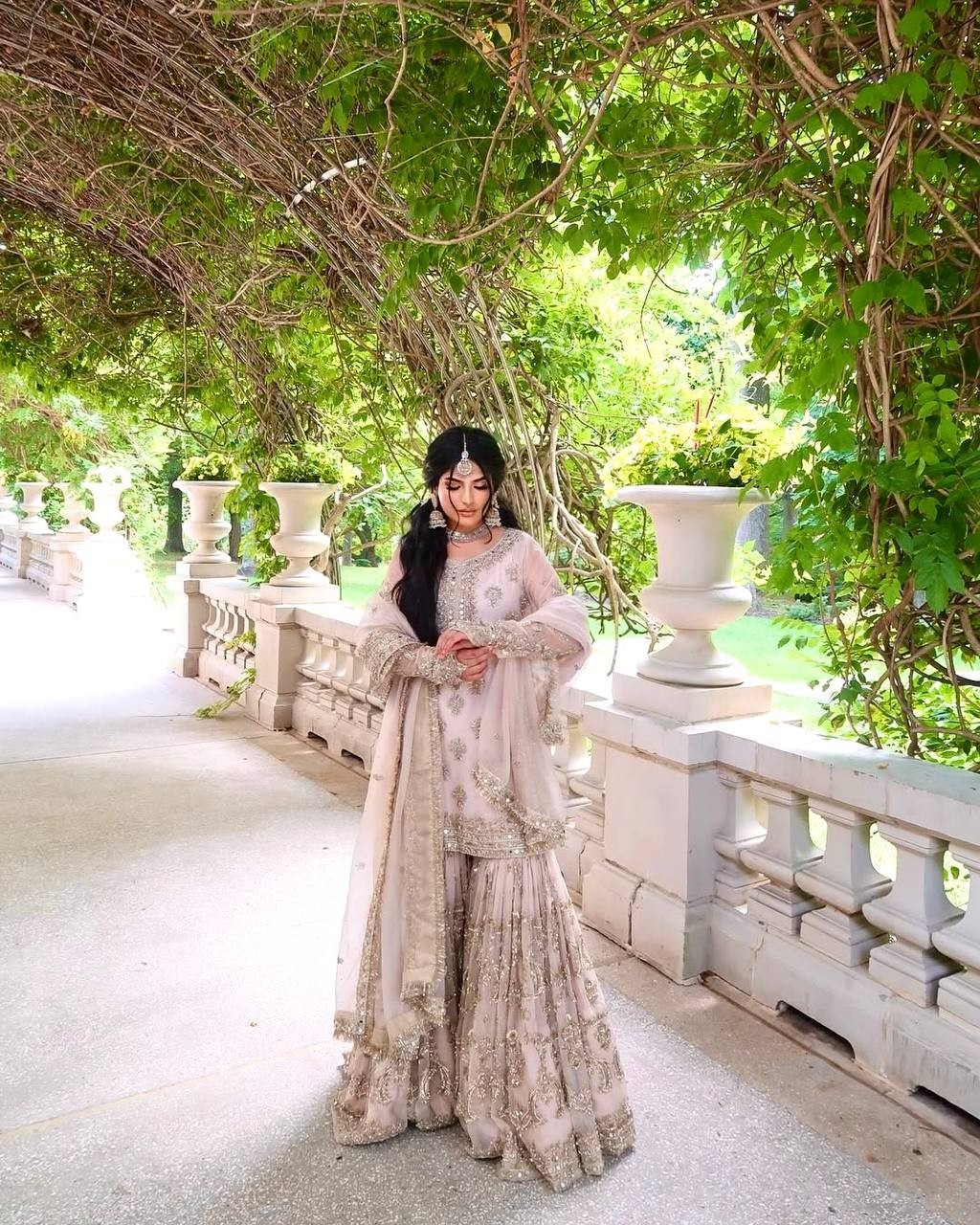 Pakistani Luxury Embroidered Sharara Set with Fancy Sleeves, 4-Side Lace Dupatta