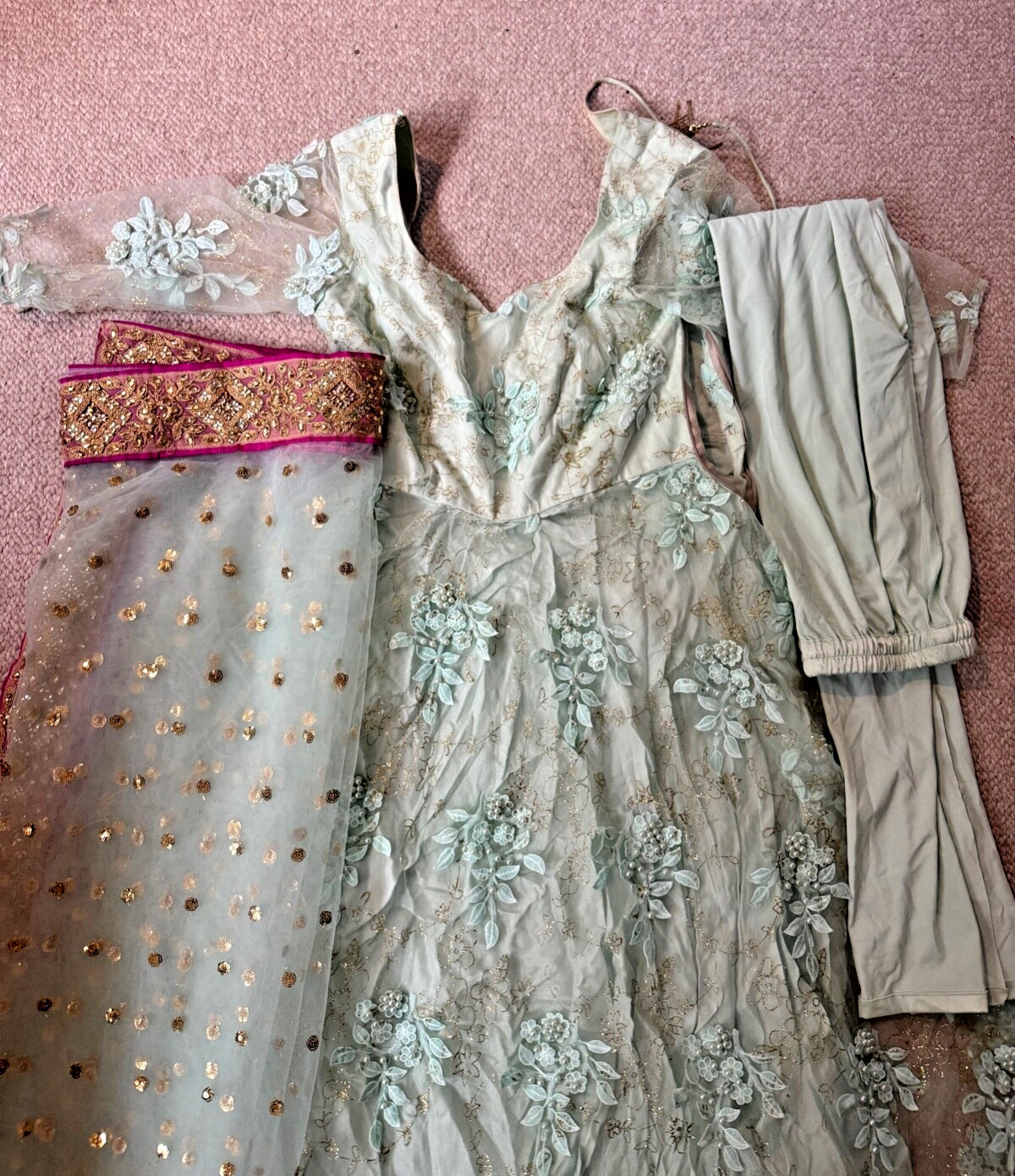 Light Blue Indian Gown with Magenta Border, 3 Piece Set