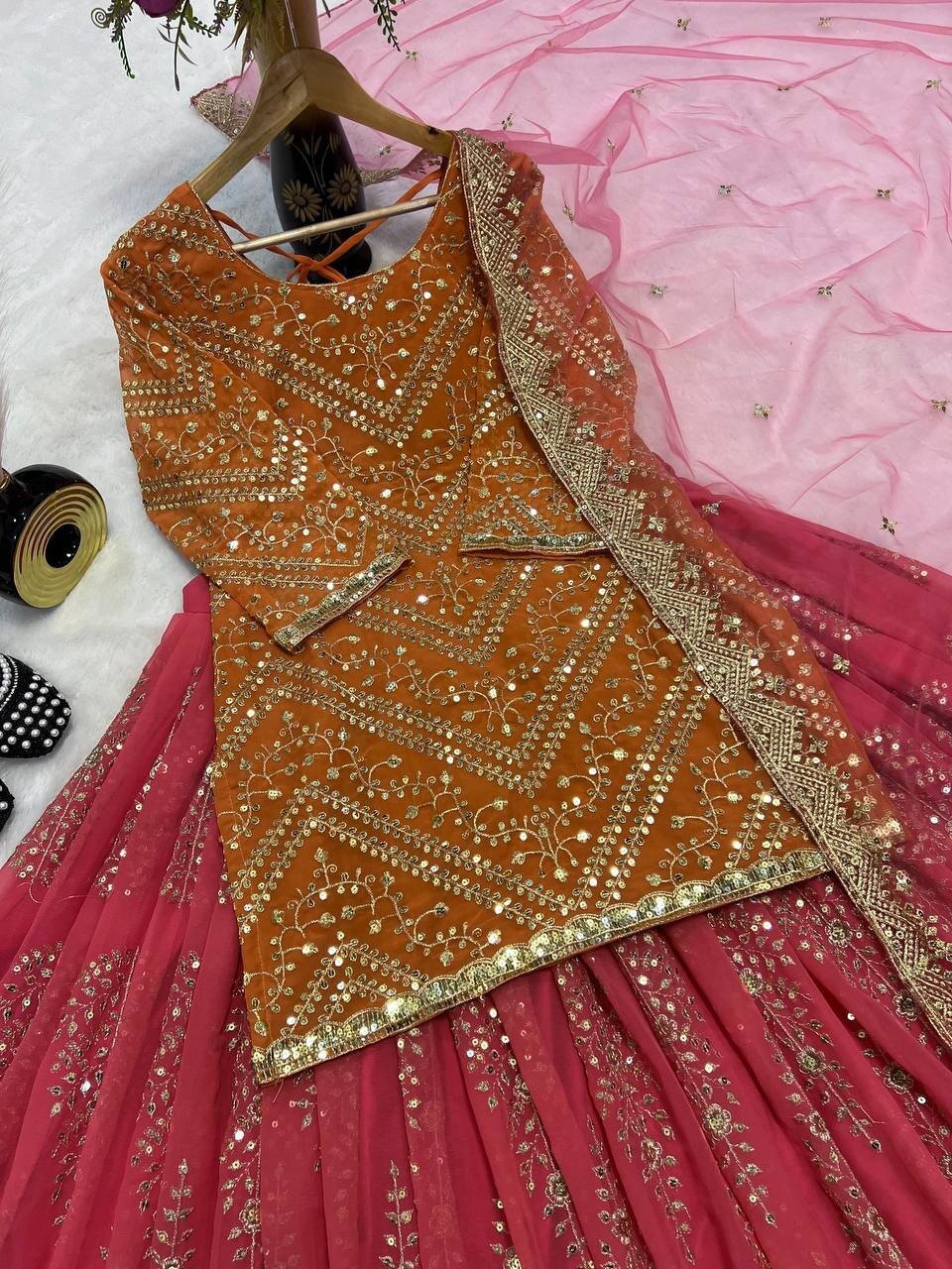 New Classy Faux Georgette Top Lehenga With Pink Dupatta For Traditional Wear