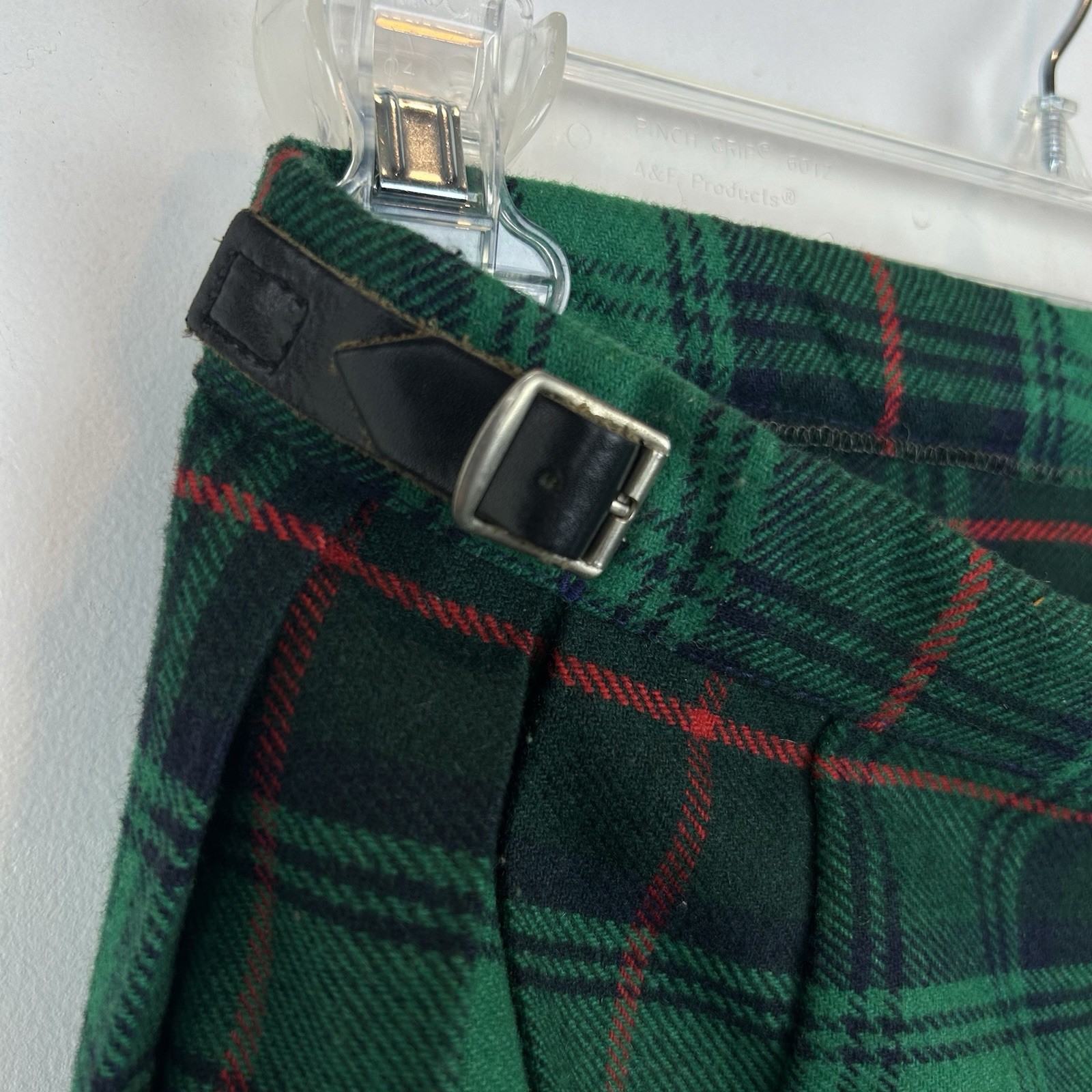 Vintage Kilt Scottish Tartan Sz 30 Green Pleated Leather Buckles Waist 24″