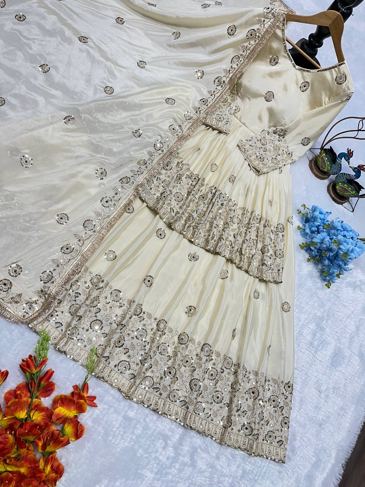 Ethnic Designer Off White Chinnon Silk Top Lehenga With Dupatta For Women