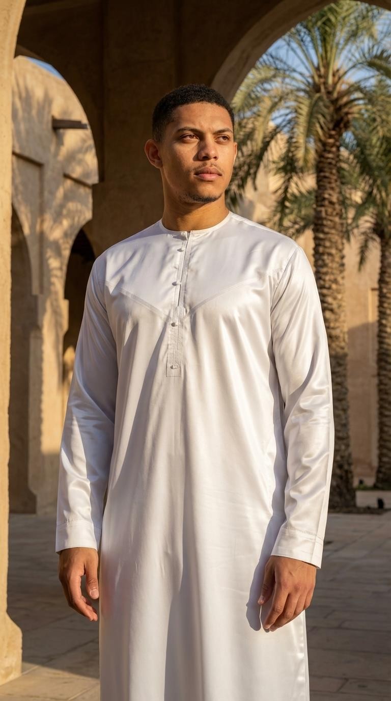 Men’s White Satin Emirati Thobe Islamic Clothing | Thobez