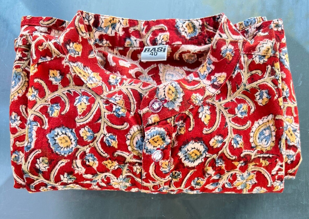 Rasi 100% Cotton Block Printed Red Stylized Floral Kurti Size 40 Unisex Pockets