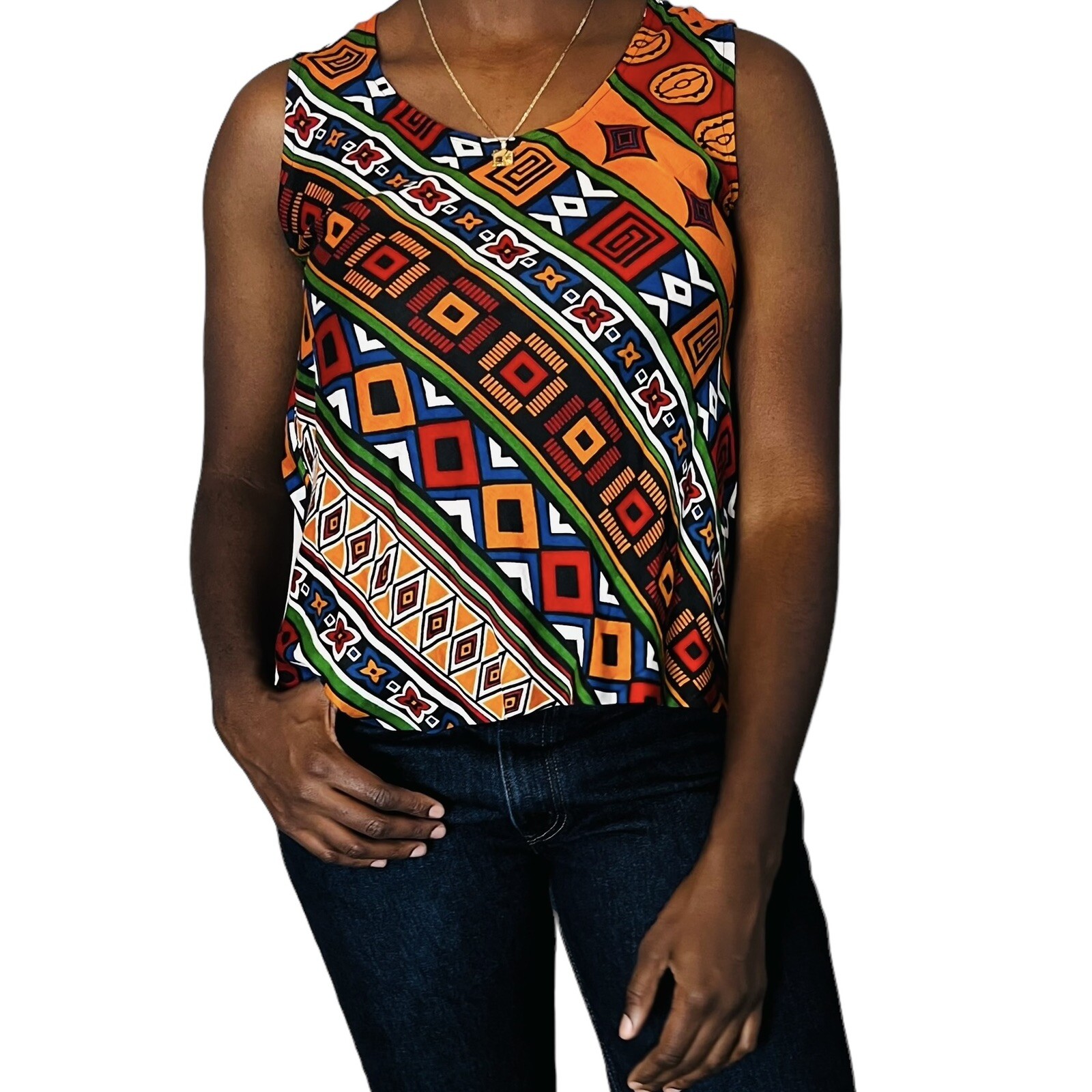 Multi Color Sleeveless Loose Fit Multi Color African Design Shirt