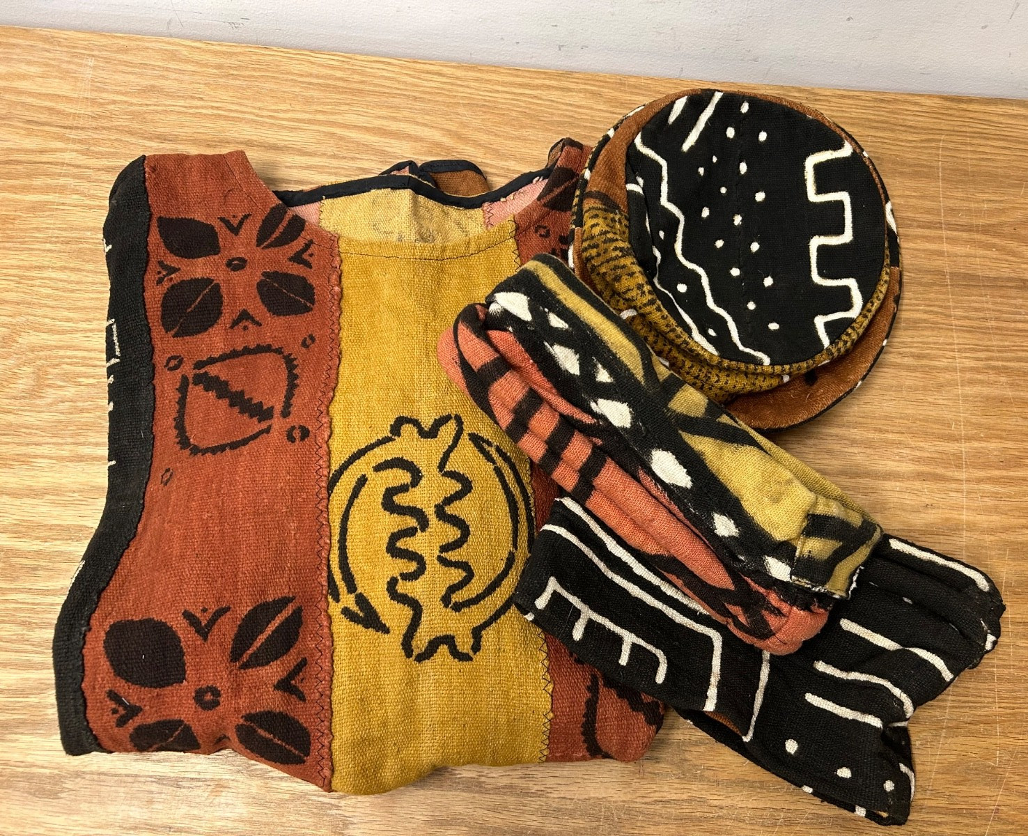 Hand-woven Malian Bogolan African Mud Cloth Geometric Shirt Top Matching Hats