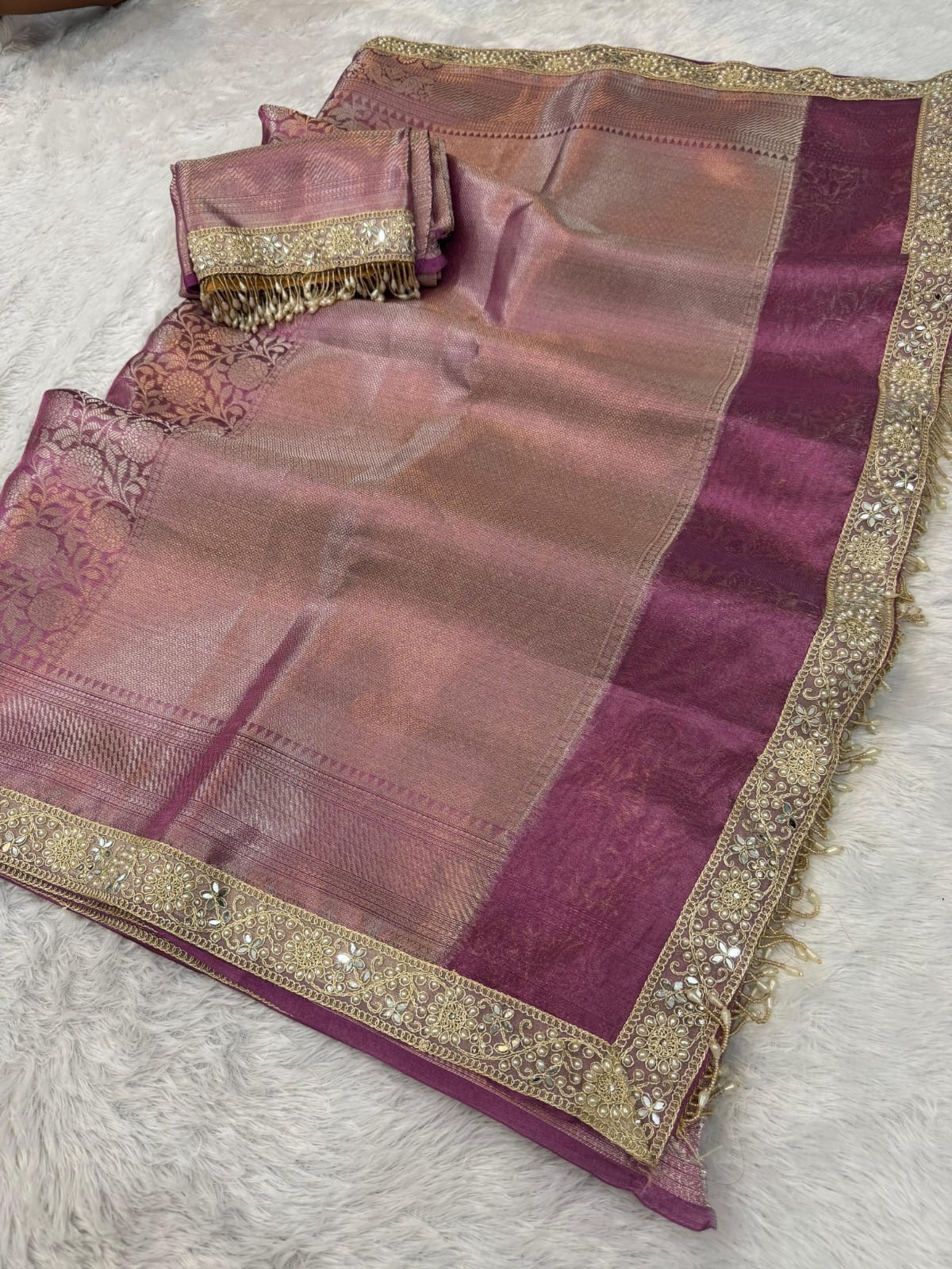 Banarasi Soft Tissue Silk Saree Designer Lace Border Indian Wedding Party Sari