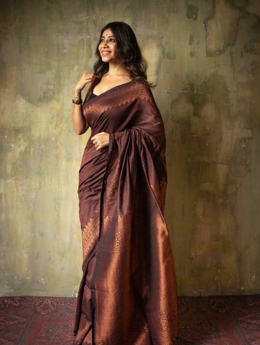 Brown Soft Lichi Silk Saree with Copper Zari & Rich Pallu Jacquard Work