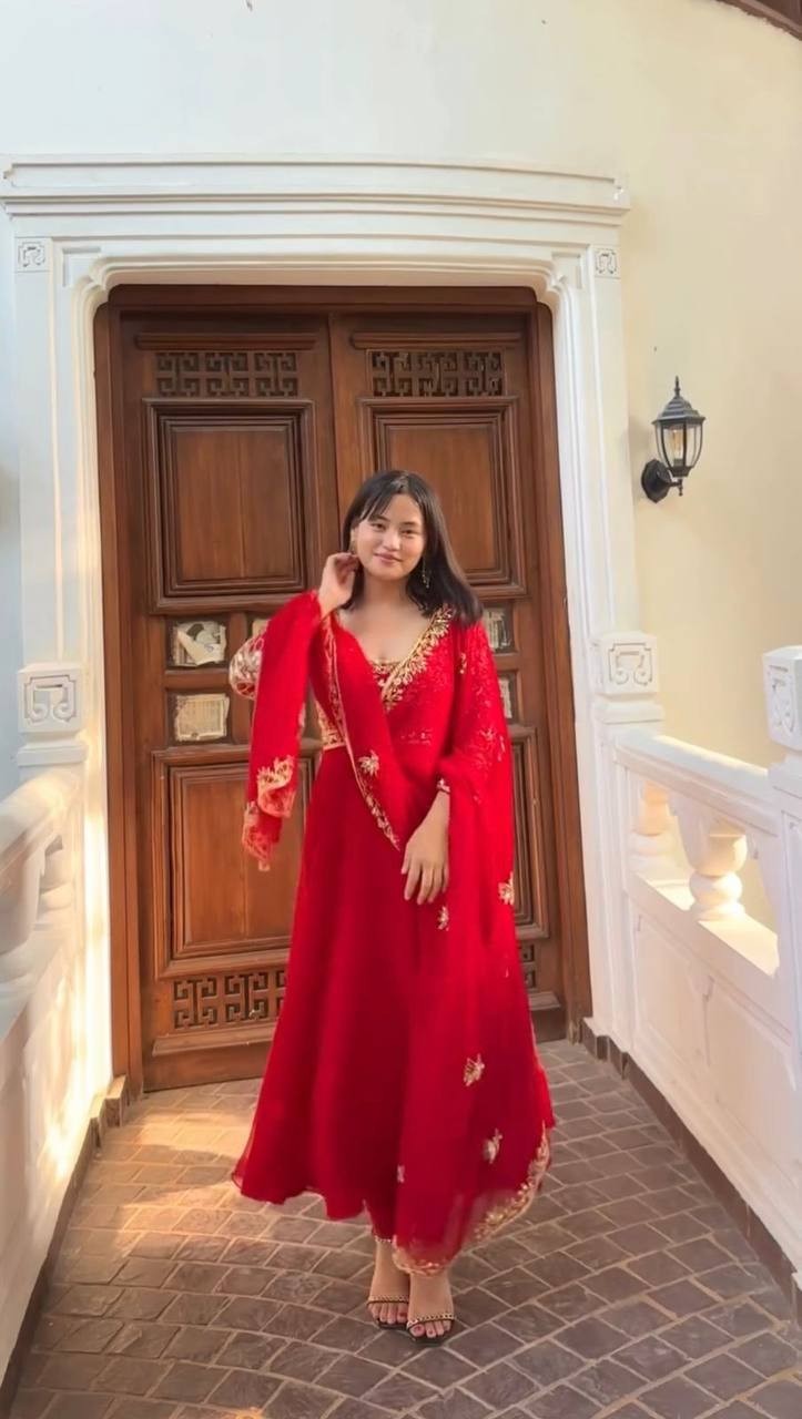DESIGNER AND EMBROIDERED GOWN AND PANT PAIR WITH DUPATTA IN GEORGETTE