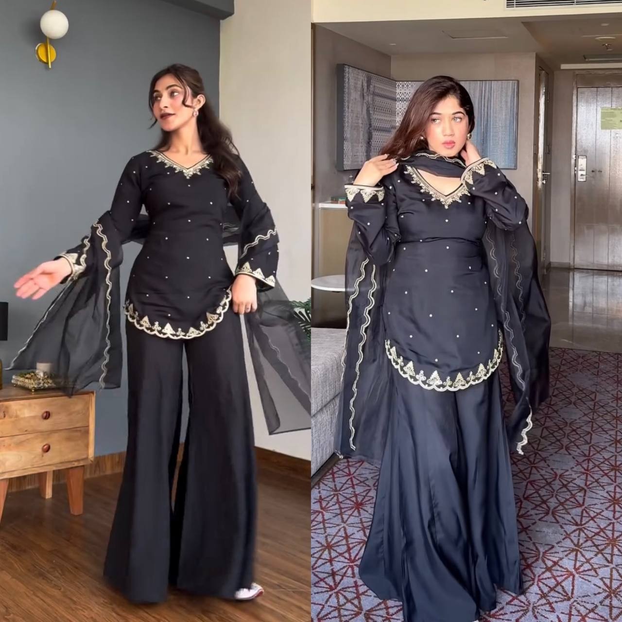 Party Wear Black Natural Crepe Silk Kurta Palazzo With Dupatta For Women