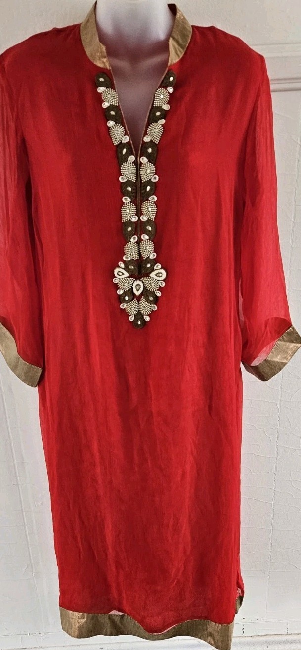 Kopal Creations New Delhi Coral Red Pearl Embroidered Kurta Womens Sz 10 New