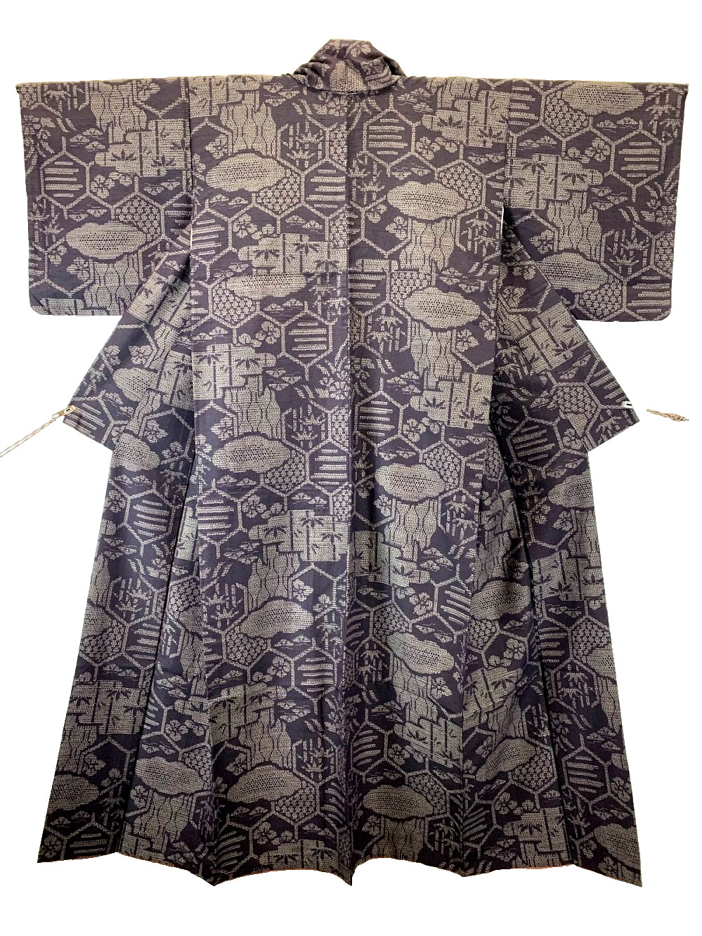 Unused Oshima Tsumugi Kimono S 9-Maruki Mud Dyed Silk Black Pine Bamboo Plum Zen