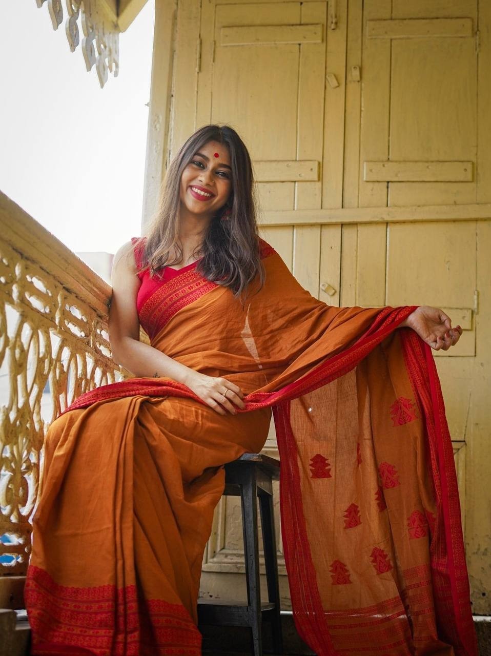 Orange Soft Linen Saree With Red Slab Weaving Work & Rich Blouse For Women