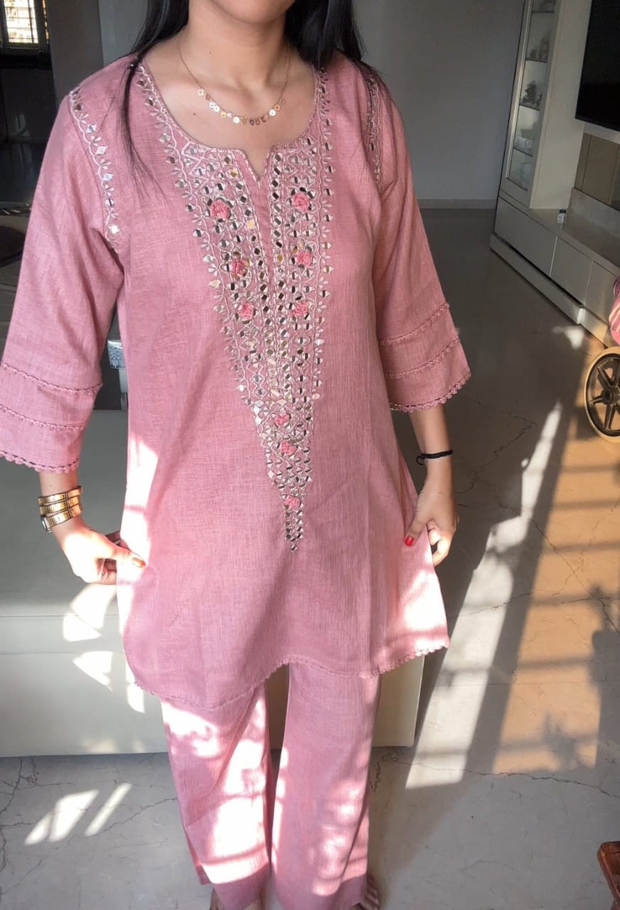Beautiful Mirror Embroidery Work Kurta Set Indian Women Ethnic Kurti Palazzo Set
