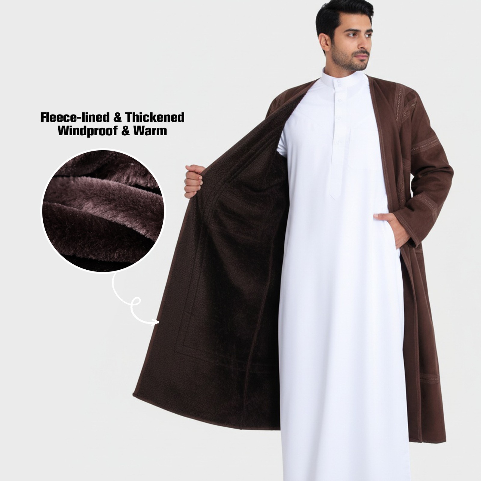 Arab Mens Winter Long Robe Saudi Suede Warm Thobe Dishdasha Thoub Prayer Kaftan