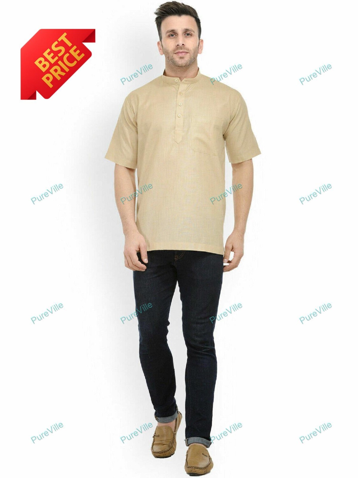 Mens Kurta only Traditional Mens Clothes Cotton Solid Kurta short Sleeve