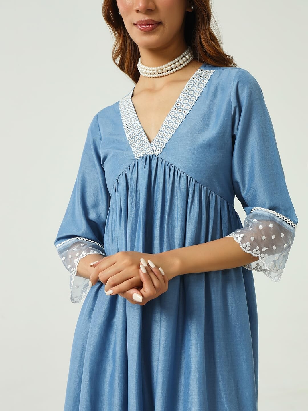 Women’s Silk Blend Embroidered Nayra Cut Kurta Palazzo With Dupatta Set