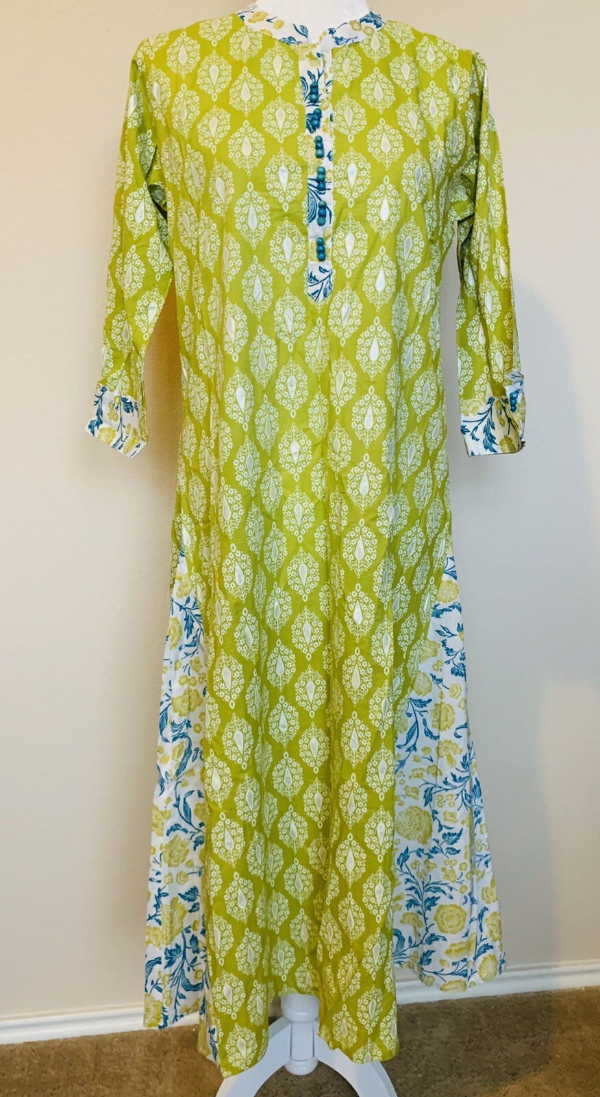NWT cotton kameez kurti kurta womens Sz L green white A line Block print