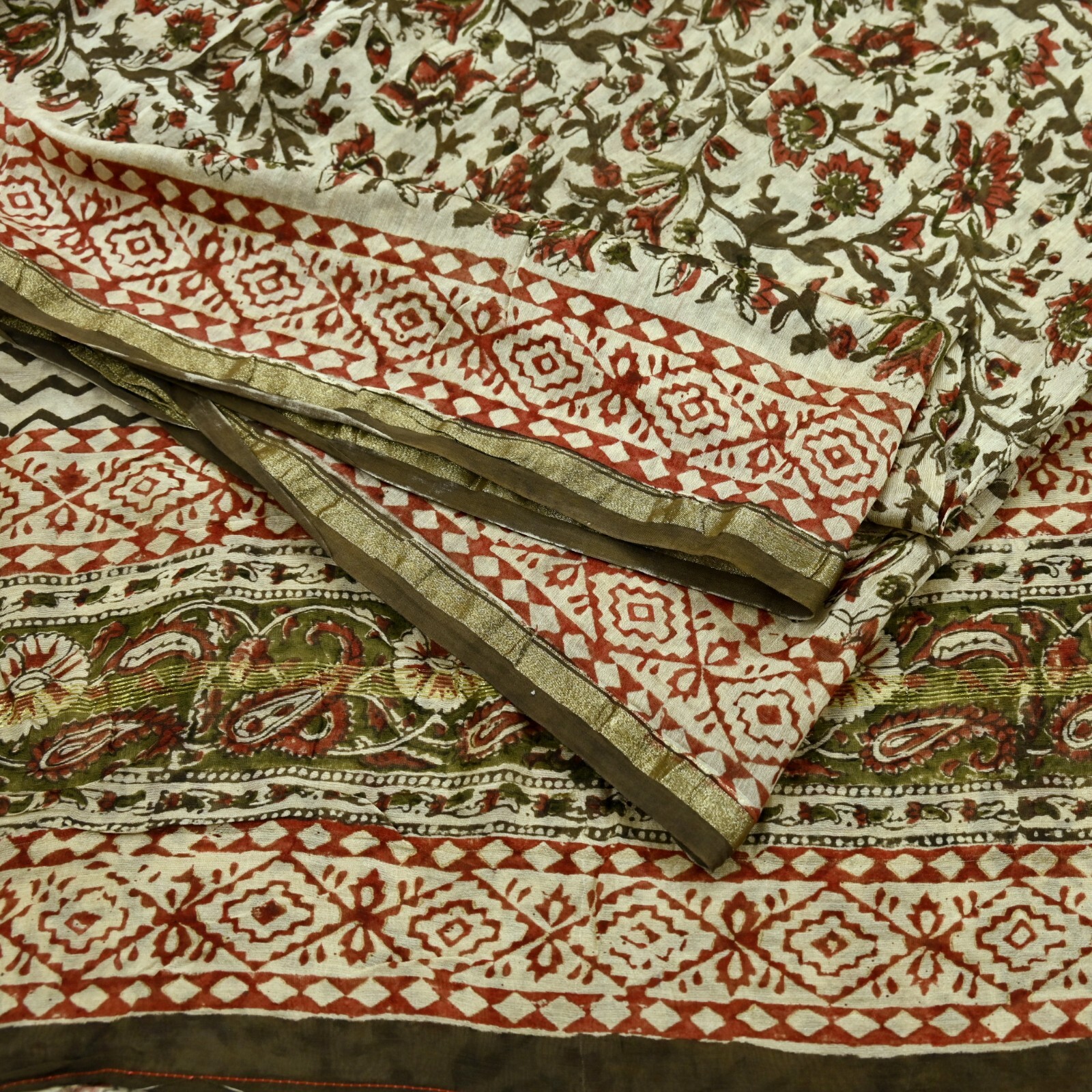 Vintage Sari Beige Block Printed Chanderi Cotton Craft Fabric 5Yd Sewing Zari
