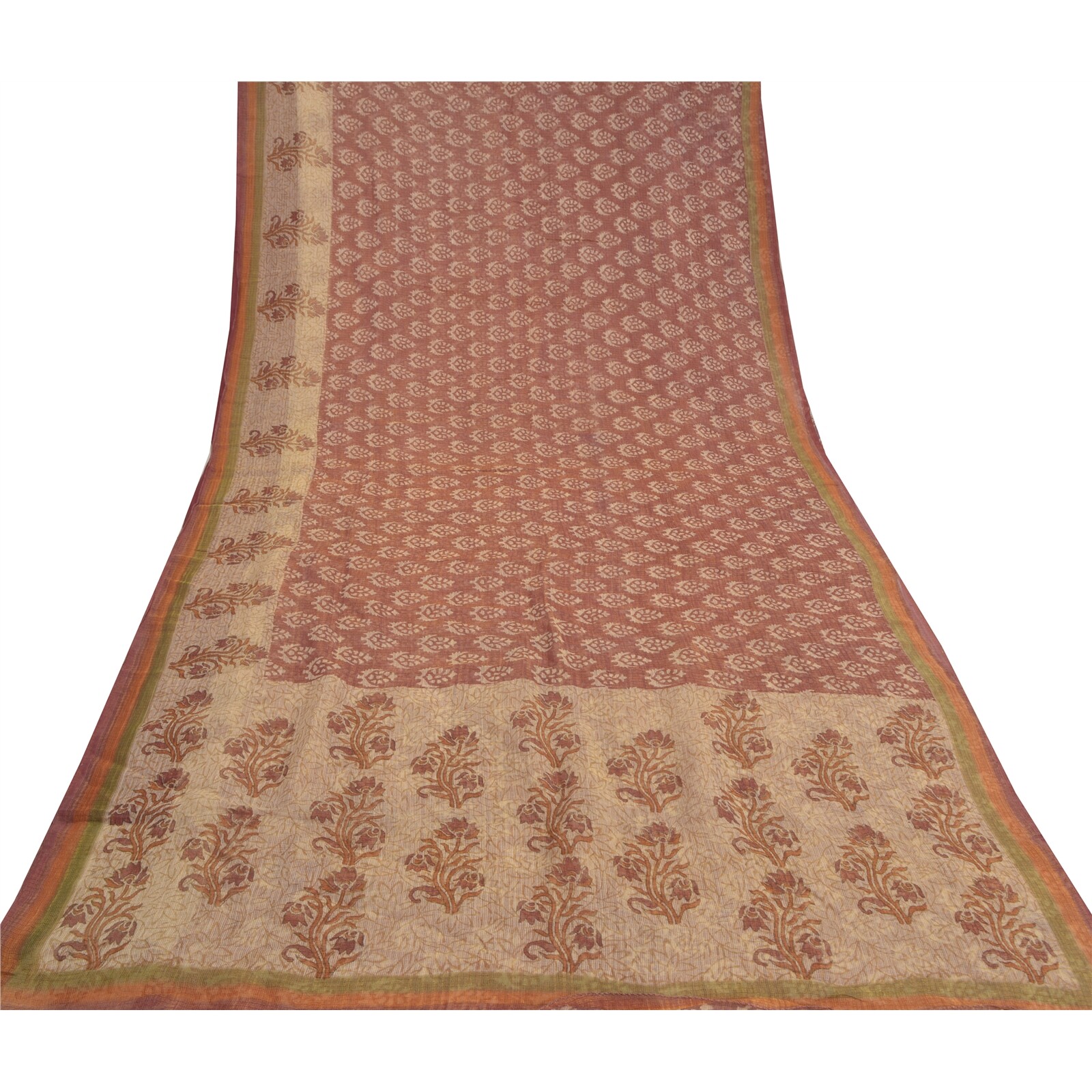 Sanskriti Vintage Brown Indian Sarees 100% Pure Silk Printed 5 Yard Sari Fabric