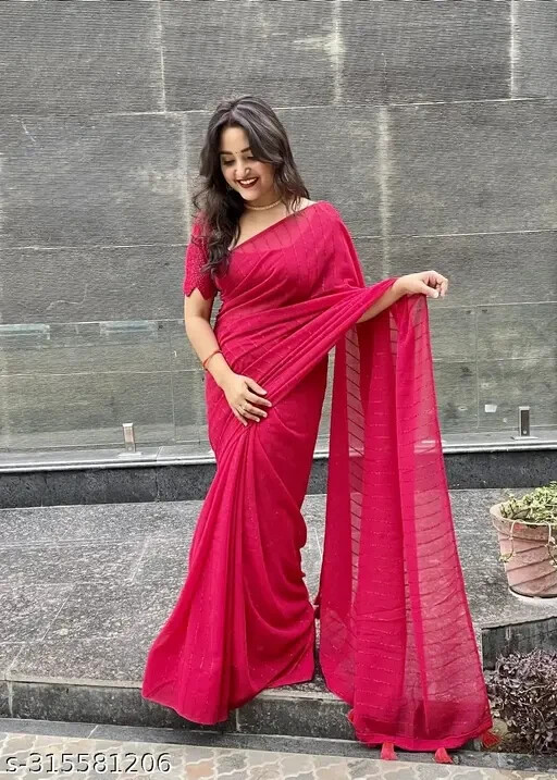 Women’s Chiffon saree With Fur Stripe Patternin Weaving Jari Tassels on Pallu