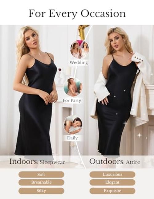 Silk Long Nightgowns for Women, Pure Mulberry Silk Charmeuse XX-Large Black