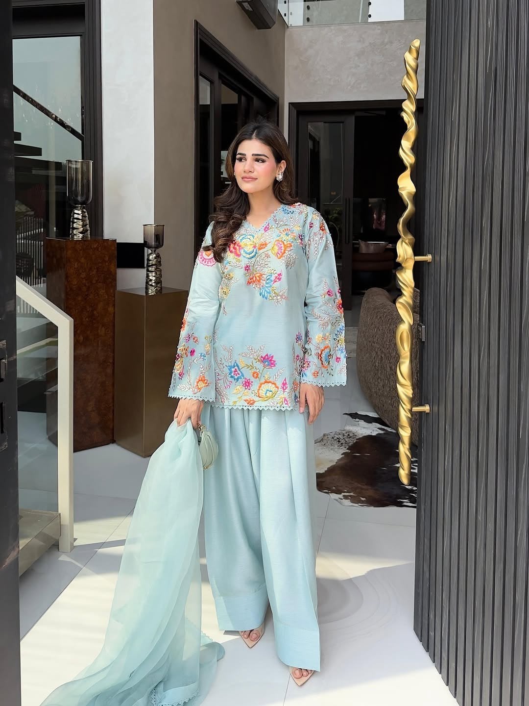 3 PIECE PAKISTANI DESIGNER FARSHI SHALWAR SUIT WEDDING PARTY WEAR WOMEN EID