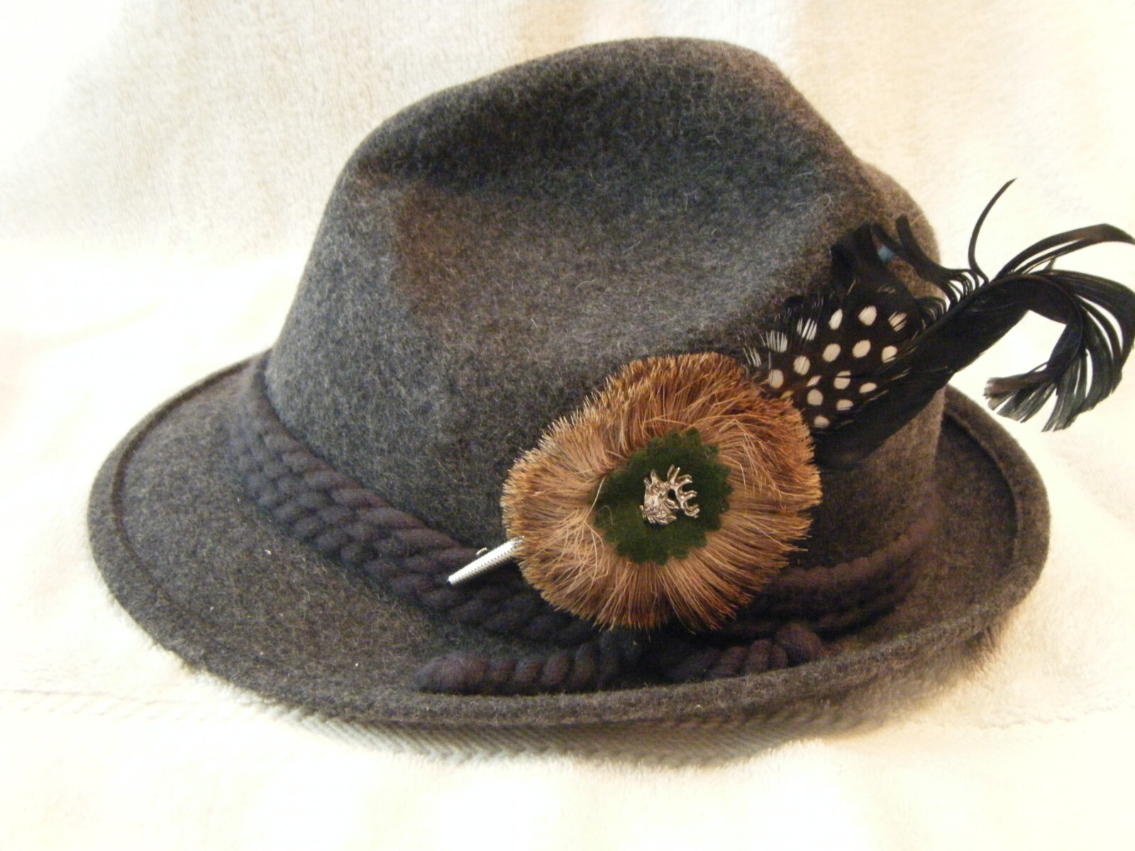 😊 GERMANY ALPINE TYROLEAN FEDORA HAT GRAY W/ WILD BOAR MEDAL 100% WOOL 3PT8