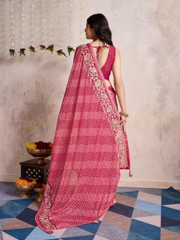 Women’s Poly Georgette Leheriya Printed Saree With Unstitched Blouse