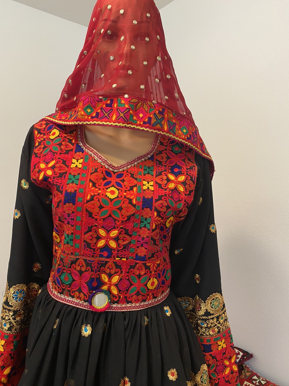 Afghan Black Dress With Red Pant And Red Scarf Large Size